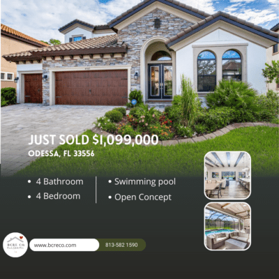 A real estate flyer with pictures of houses and pools.